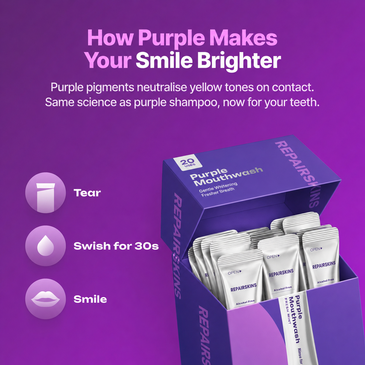 Purple Mouthwash Purple colour correction that neutralises yellow tones in 30 seconds. 20 single-use sachets.